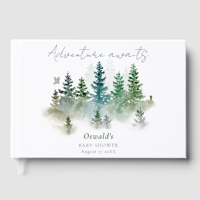 Woodland Adventure Awaits Watercolor Baby Shower Guest Book (Front)