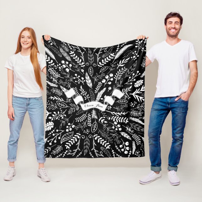 Woodland Adventure Leaf Ferns Pattern Personalised Fleece Blanket (In Situ)