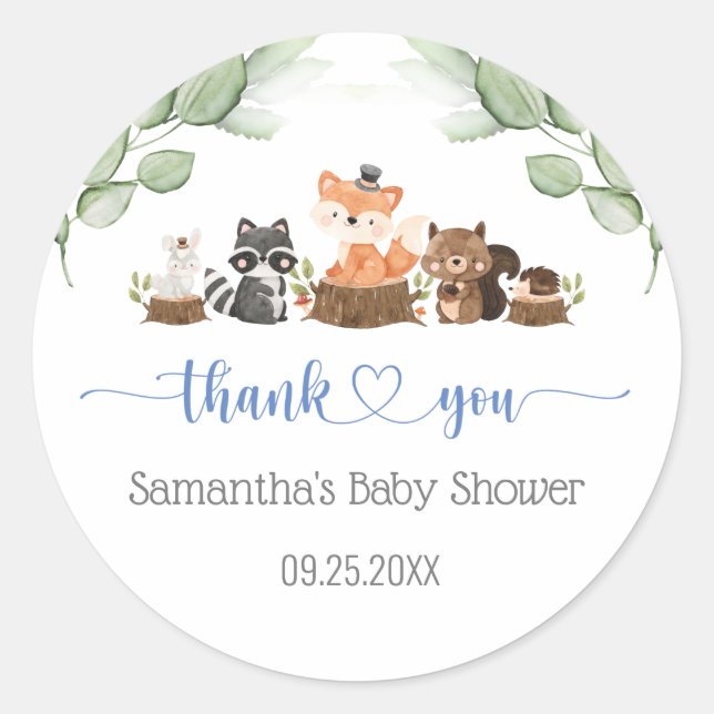 Woodland Animal Baby Shower Favour Round Sticker (Front)