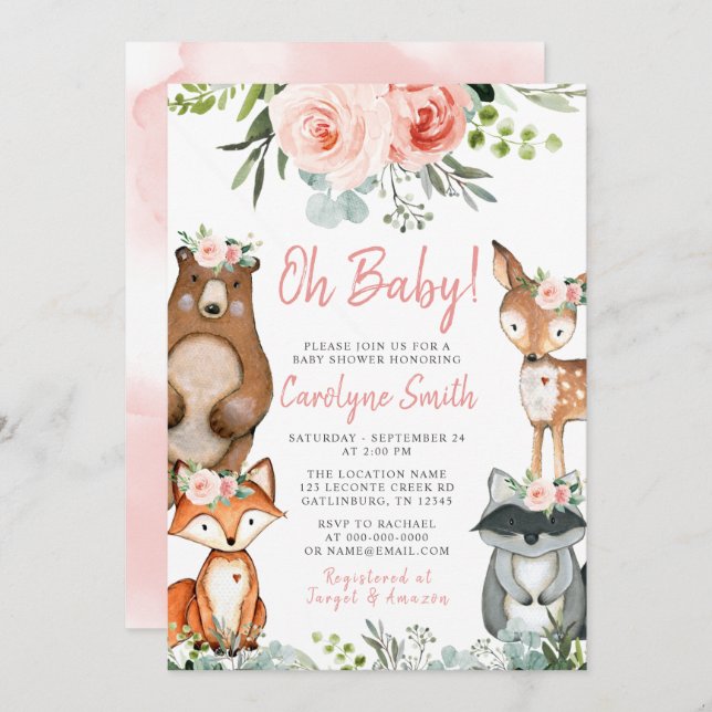Woodland Animal Baby Shower Invitation Greenery (Front/Back)