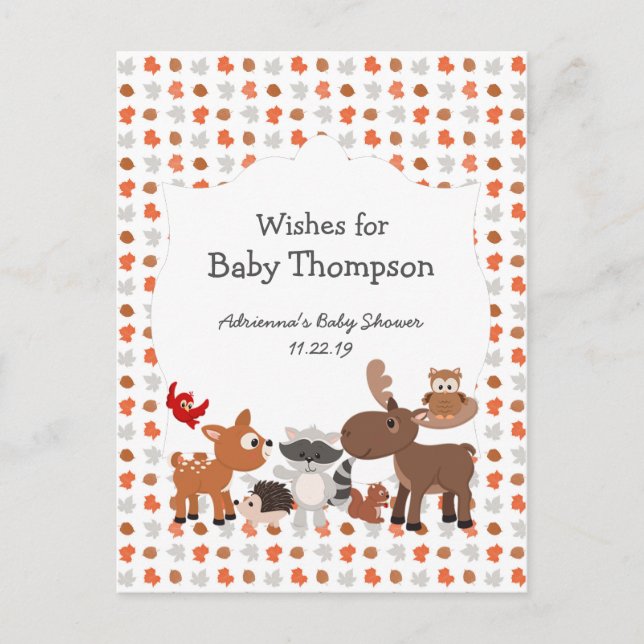 Woodland animal baby shower, wishes for baby advice card (Front)