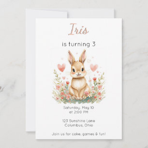 Woodland Animal Birthday Bunny Pink Hearts Floral Invitation