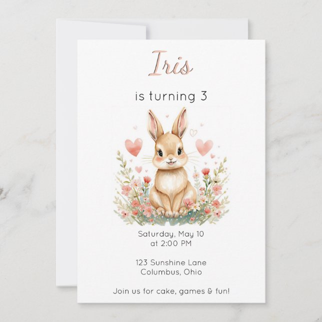 Woodland Animal Birthday Bunny Pink Hearts Floral Invitation (Front)