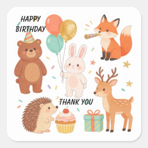 Woodland Animal Birthday Party Favour Square Sticker
