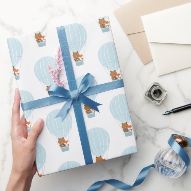 Woodland Animal Blue Hot Air Balloon Wrapping Paper (Gifting)