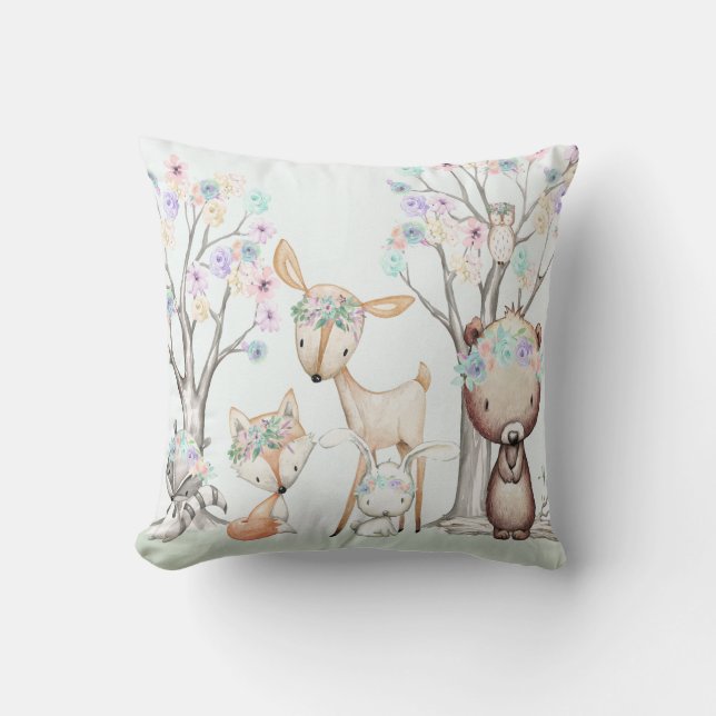 Woodland Animal Boho Baby Girl Nursery Pillow (Front)