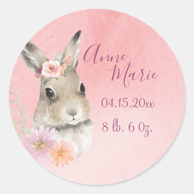 Woodland Animal Bunny Watercolor Announcement Classic Round Sticker (Front)