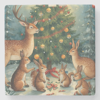 Woodland Animal Christmas Scene Stone Coaster