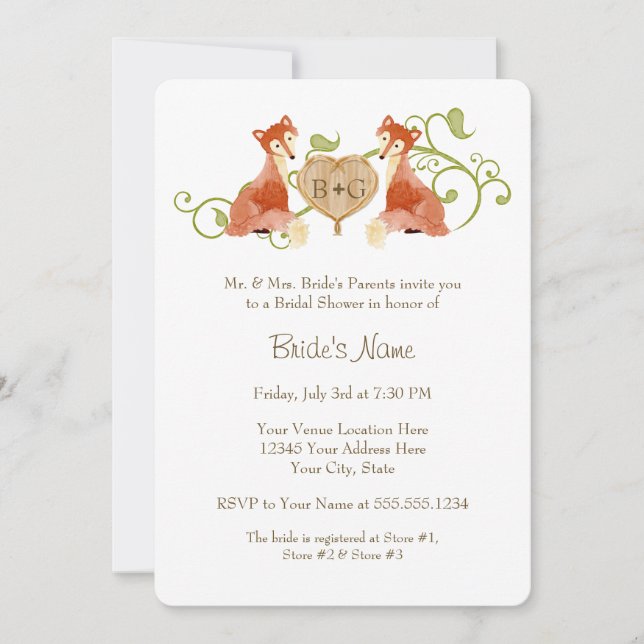 Woodland Animal Creatures, Fox n Vines Weddings Invitation (Front)