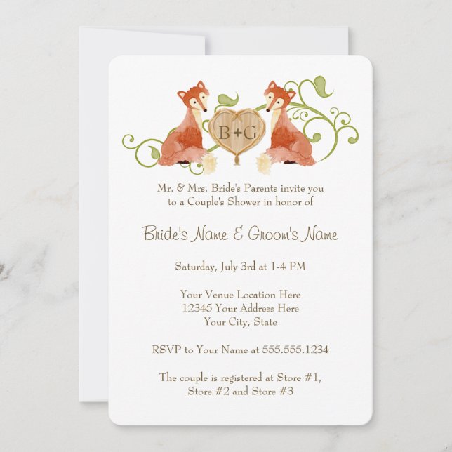 Woodland Animal Creatures, Fox n Vines Weddings Invitation (Front)