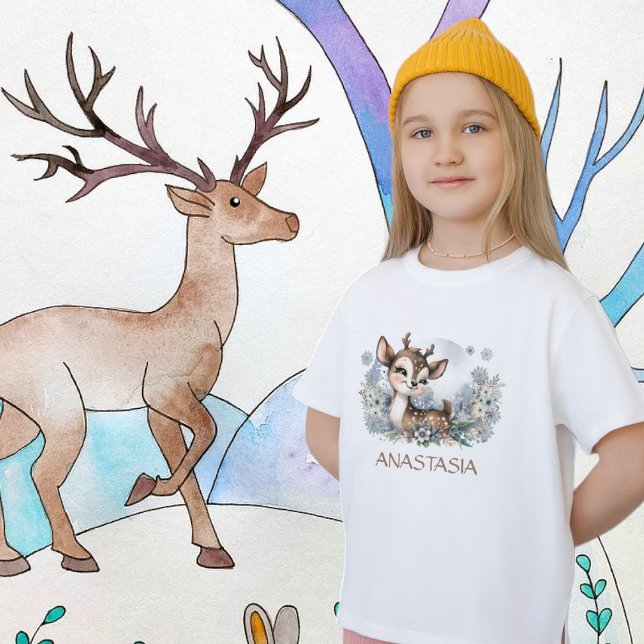 Woodland animal cute deer blue watercolor winter  T-Shirt (Creator Uploaded)