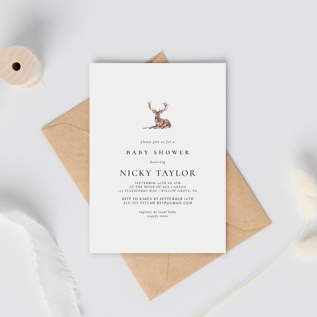 Woodland Animal Deer Minimalist Baby Shower Invitation (Creator Uploaded)