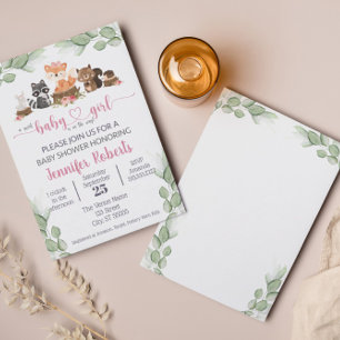 Woodland Animal Eucalyptus Pink Baby Shower Invitation