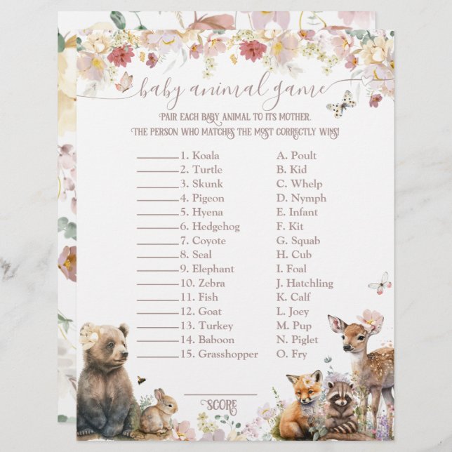 Woodland animal floral girl Baby Shower Game (Front/Back)
