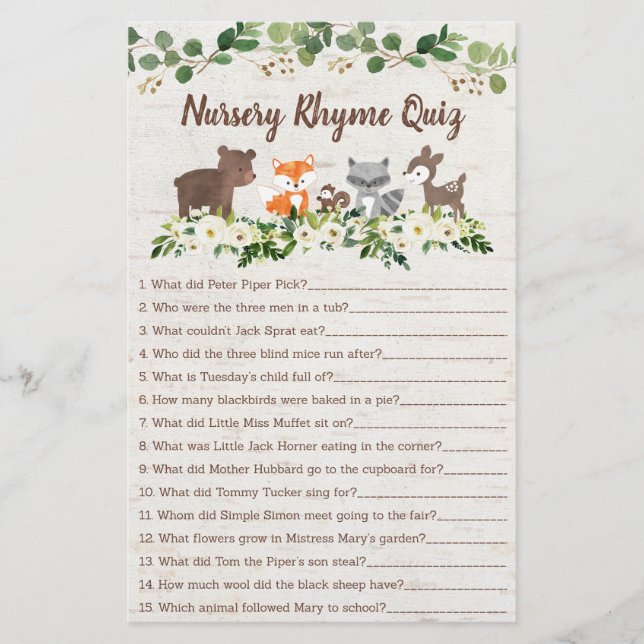 Woodland Animal Floral Nursery Rhyme Shower Game (Front)