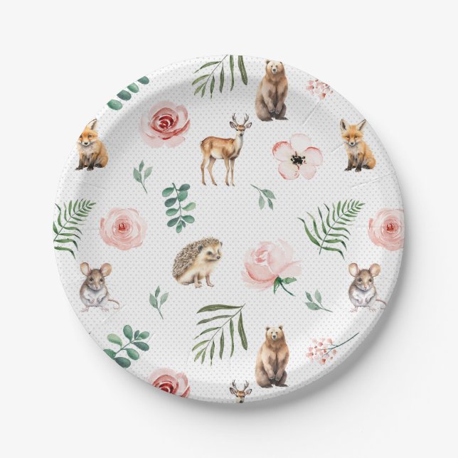Woodland animal floral party paper plate (Front)