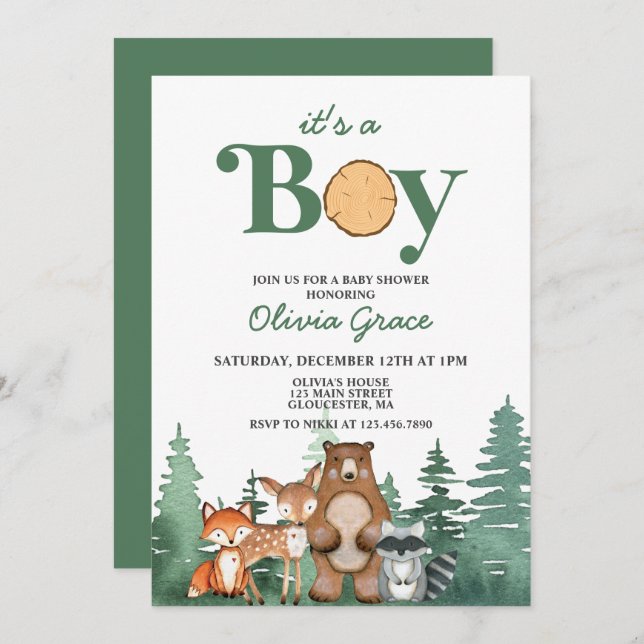 Woodland Animal Forrest Boy Baby Shower Invitation (Front/Back)