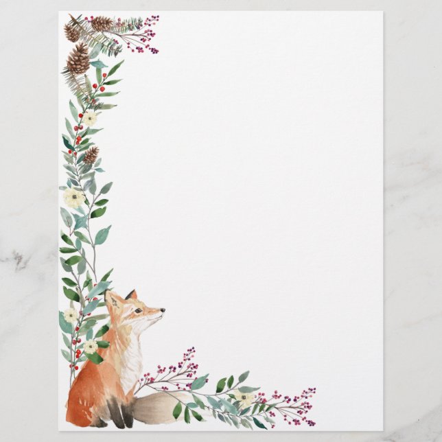 Woodland animal, fox, foliage, Christmas red berry Custom Letterhead (Front)