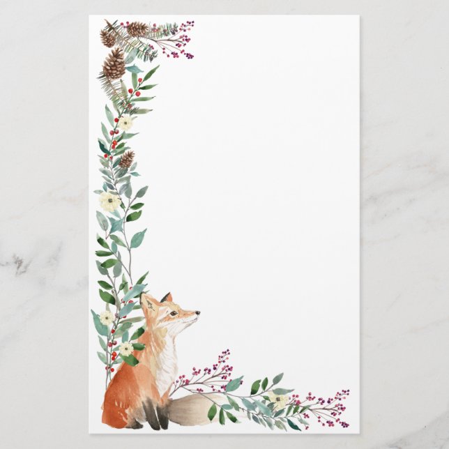 Woodland animal, fox, foliage, red berry Christmas Stationery (Front)