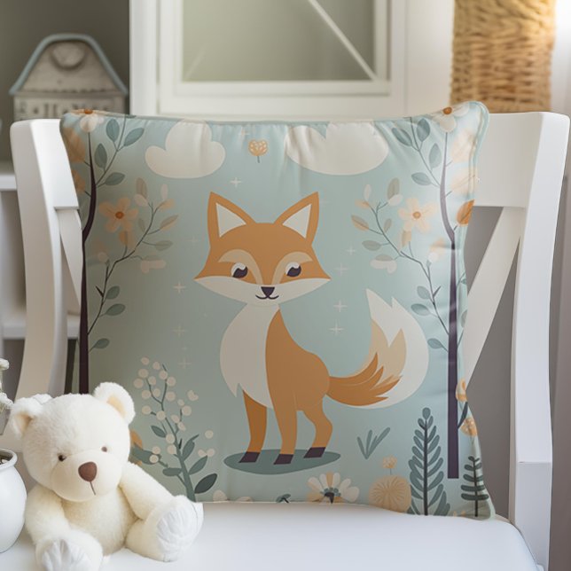 Woodland Animal Fox Themed, Blue Baby Boy Nursery Cushion (Blue woodland fox, Cute Animals, Baby Boy Nursery Pillow,)