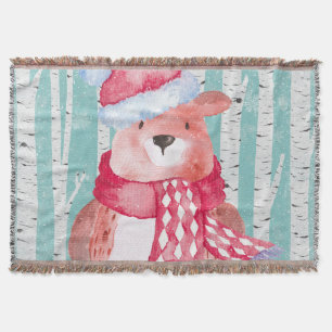 Woodland Animal Friends in Winter Forest- Bear Throw Blanket