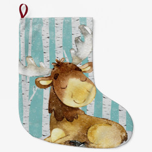 Woodland Animal Friends in Winter Forest- Deer Large Christmas Stocking