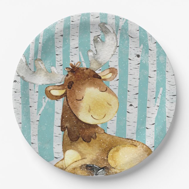 Woodland Animal Friends in Winter Forest- Deer Paper Plate (Front)