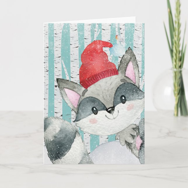 Woodland Animal Friends in Winter Forest- Racoon Holiday Card (Front)