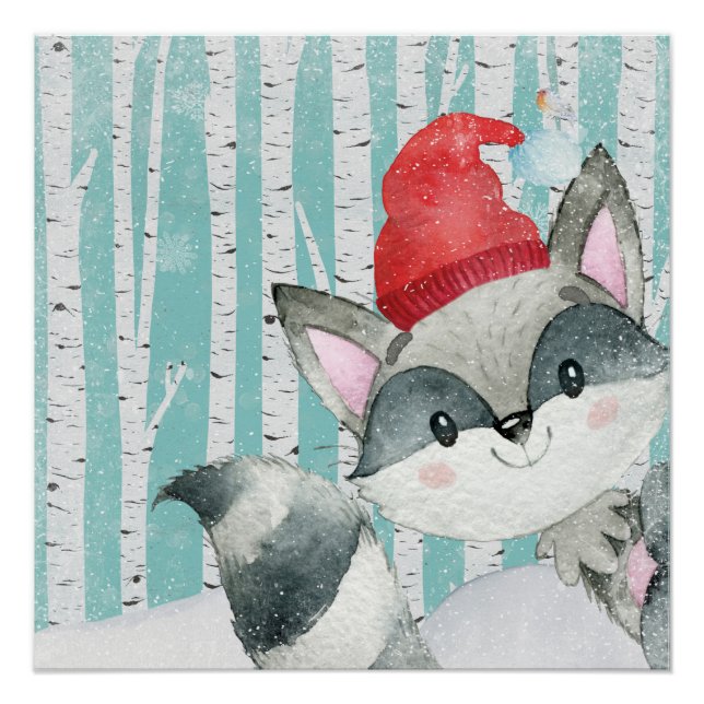 Woodland Animal Friends in Winter Forest- Racoon Poster (Front)
