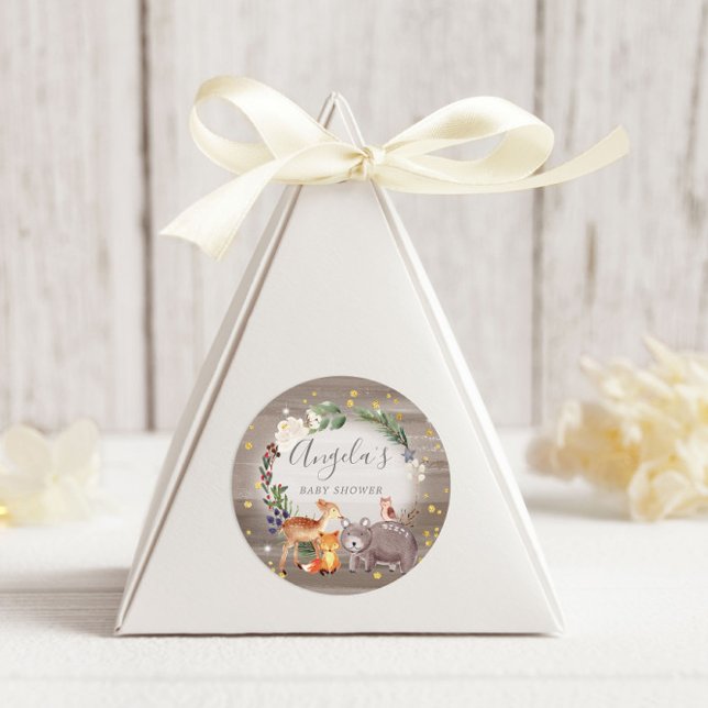 Woodland Animal Friends Sparkle Baby Shower Classic Round Sticker (Creator Uploaded)