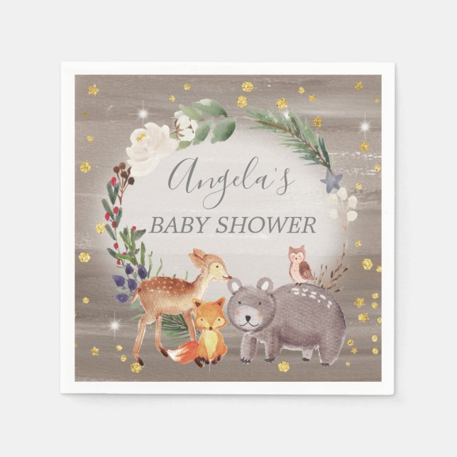 Woodland Animal Friends Sparkle Baby Shower Napkin (Front)