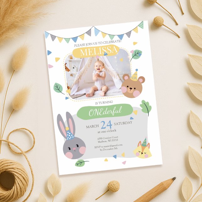 Woodland Animal Girl's 1st Birthday Invitation (Creator Uploaded)