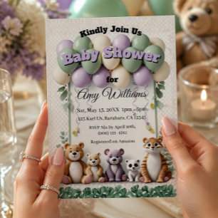Woodland Animal Green aand Lavender Baby Shower Invitation