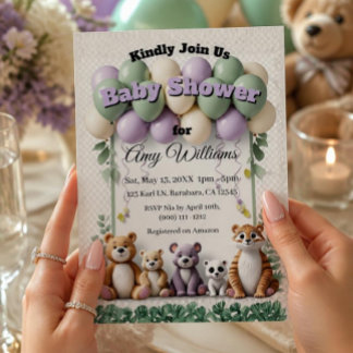 Woodland Animal Green aand Lavender Baby Shower Invitation