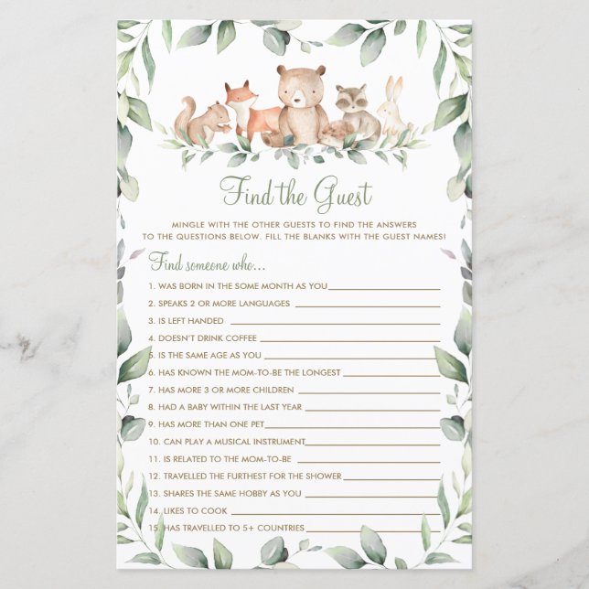 Woodland Animal Greenery Find the Guest Game  (Front)