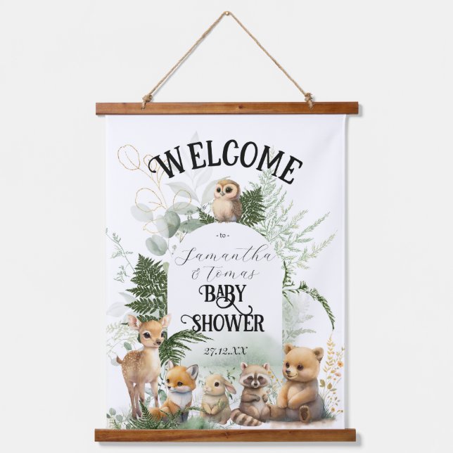 Woodland animal Greenery Forest Baby Shower welcom Hanging Tapestry (Front)
