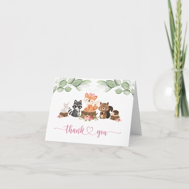 Woodland Animal Greenery Pink Baby Shower Thank You Card (Front)