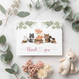 Woodland Animal Greenery Pink Baby Shower Thank You Card
