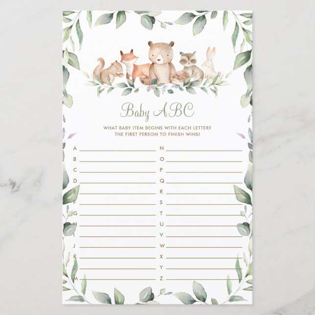 Woodland Animal Greenery Shower Baby ABC Game Card (Front)