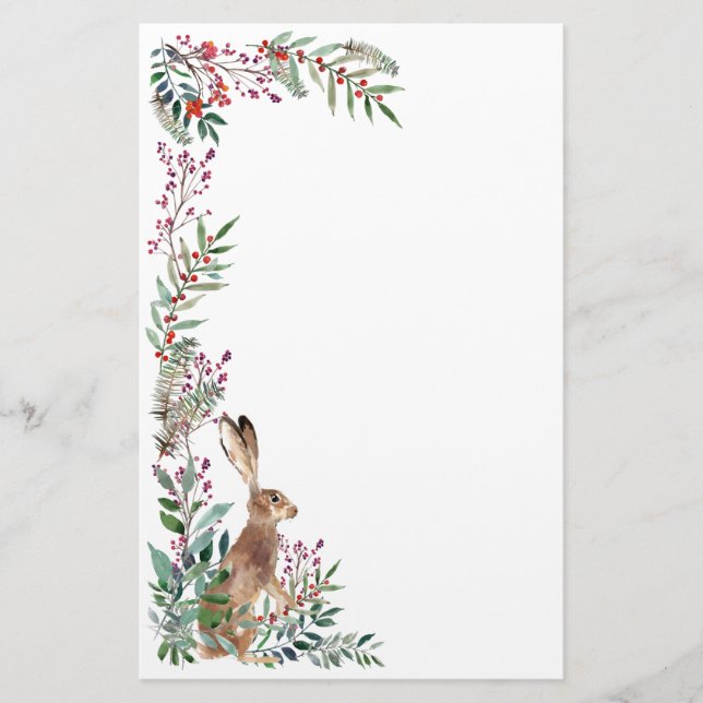 Woodland animal, hare, foliage, red berry stationery (Front)