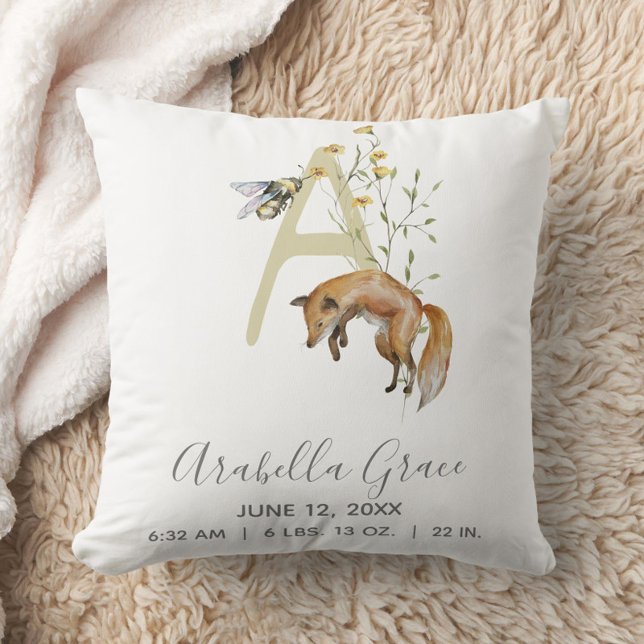 Woodland Animal Letter A Monogram Baby Birth Stats Cushion (Easily personalize this baby birth stat pillow for a newborn gift to treasure!)