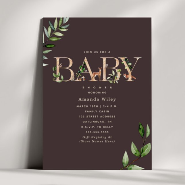 Woodland Animal Lettering Forest Brown Baby Shower Invitation (Creator Uploaded)