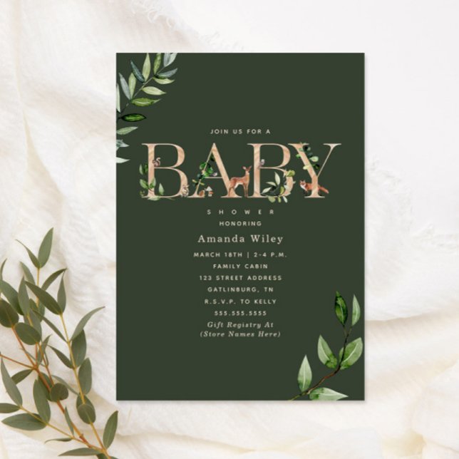 Woodland Animal Lettering Forest Green Baby Shower Invitation (Creator Uploaded)