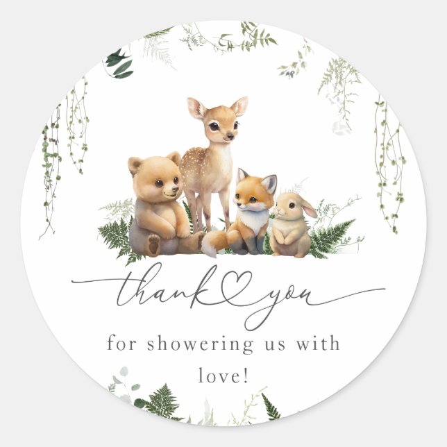Woodland Animal Neutral Baby Shower Diaper Classic Round Sticker (Front)