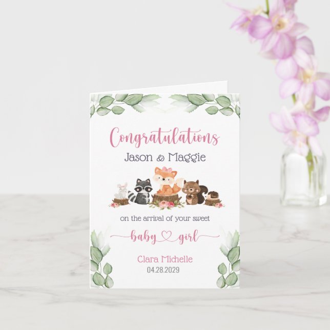 Woodland Animal New Baby Girl Congratulations Card (Orchid)