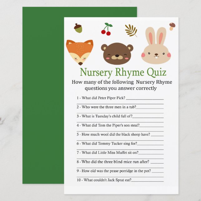 Woodland animal Nursery Rhyme Quiz baby showergame (Front/Back)