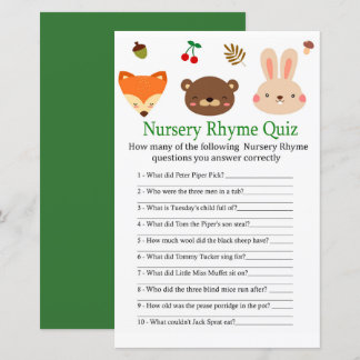 Woodland animal Nursery Rhyme Quiz baby showergame