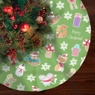 Woodland Animal Pattern Green Merry Christmas Brushed Polyester Tree Skirt