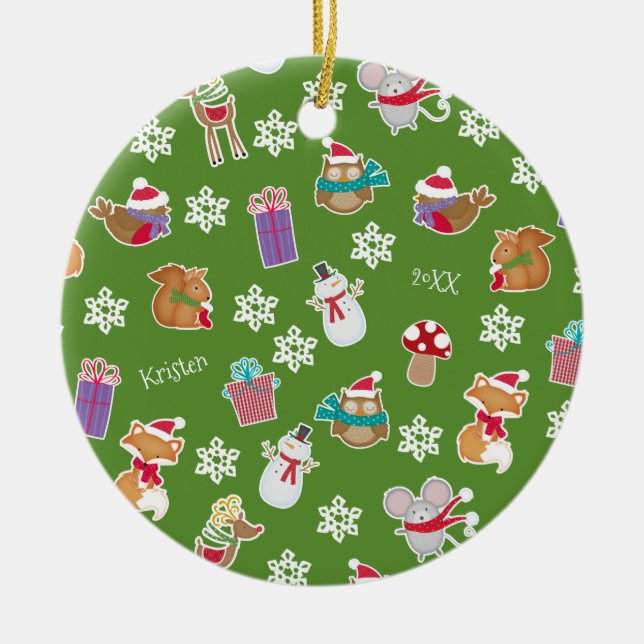 Woodland Animal Pattern Green Merry Christmas Ceramic Tree Decoration (Front)