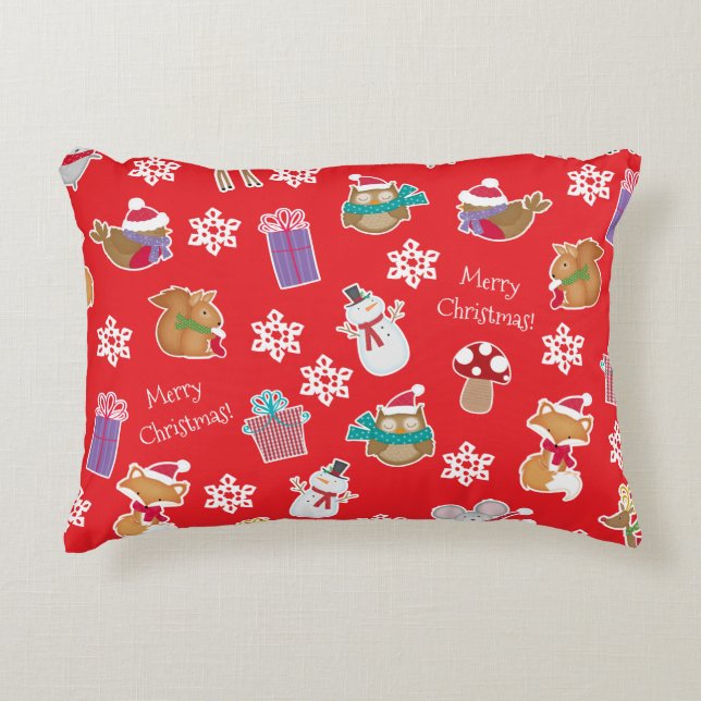 Woodland Animal Pattern Red Merry Christmas Decorative Cushion (Front)